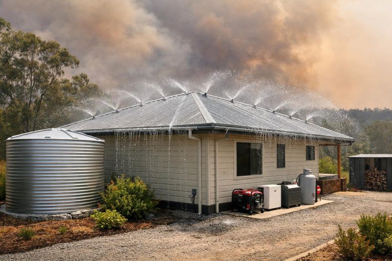 Bushfire-prepared home with roof sprinklers, water tank and backup power equipment under a smoky sky