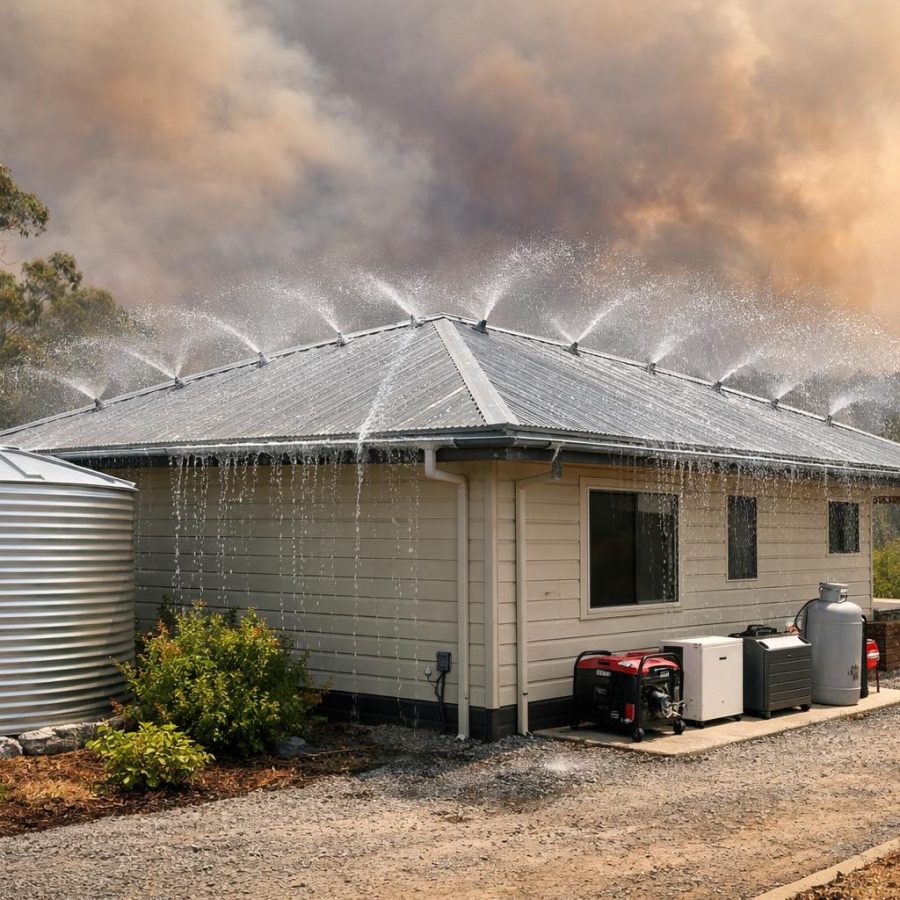 Bushfire-prepared home with roof sprinklers, water tank and backup power equipment under a smoky sky