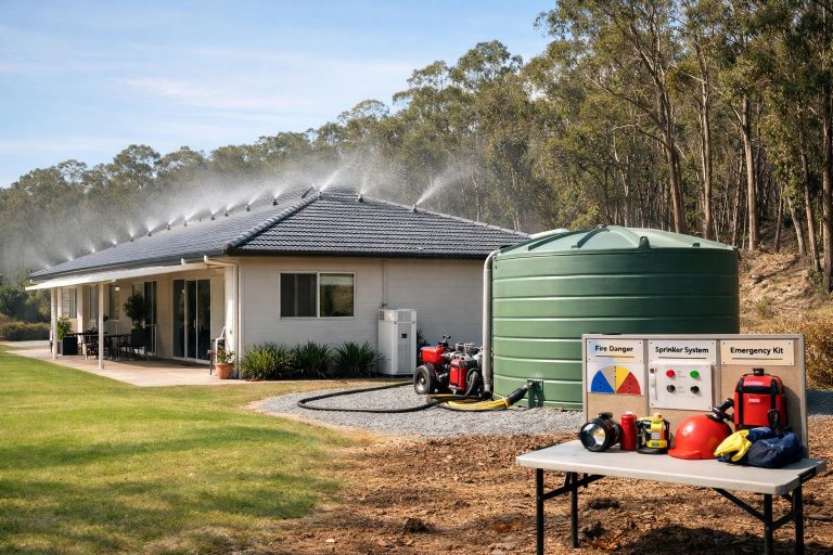 Prepared suburban home near bushland with visible bushfire protection infrastructure
