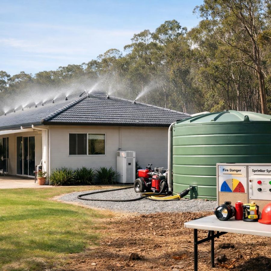 Prepared suburban home near bushland with visible bushfire protection infrastructure