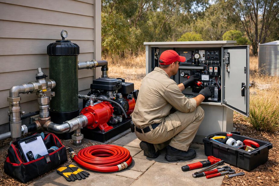 Inspection of a pump, filter and control cabinet beside a house