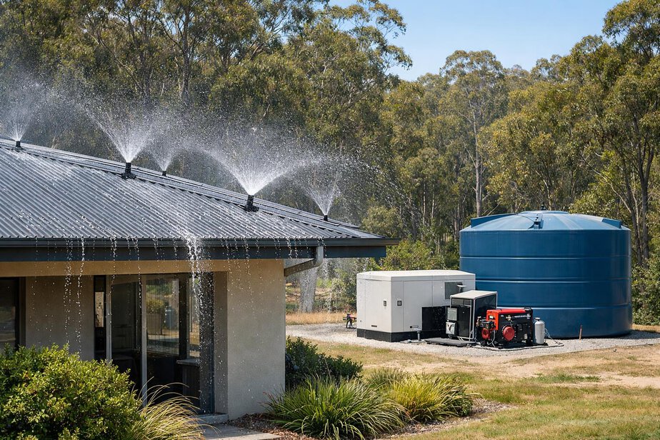 House with active rooftop sprinklers and visible backup power and water storage