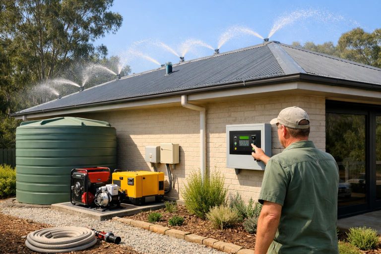 Suburban house with bushfire protection equipment including rooftop sprinklers, water tank and backup power system