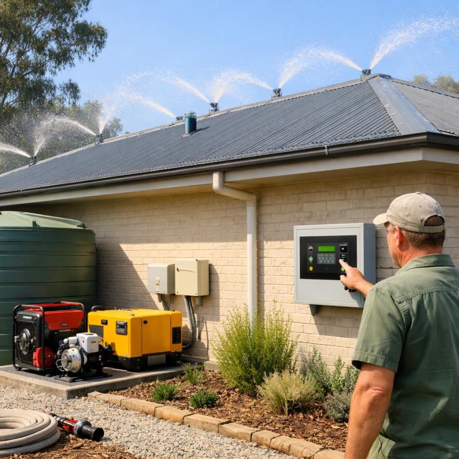 Suburban house with bushfire protection equipment including rooftop sprinklers, water tank and backup power system