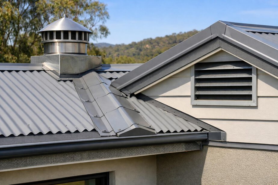 Close view of roof junctions and vent protection on a house exterior