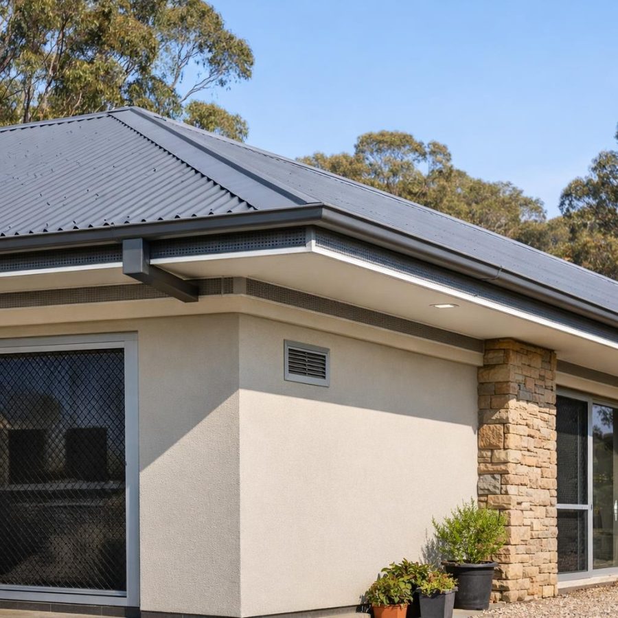 A modern Australian house with ember-resistant roofline detailing and sealed external openings