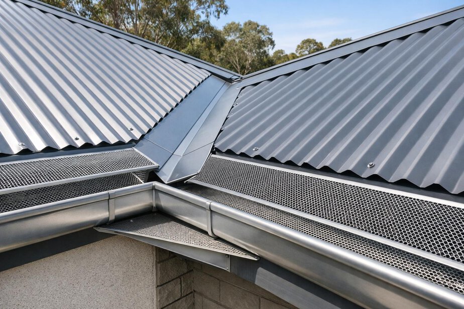 Close view of a roof valley and gutter section on a house