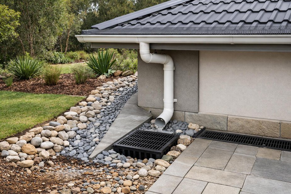 Gutter, downpipe and drainage arrangement on a house exterior