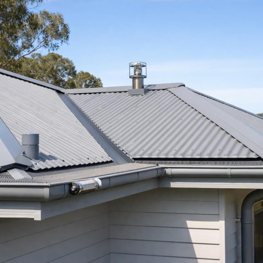Modern Australian home roof showing gutters, roof valleys and roofline protection components