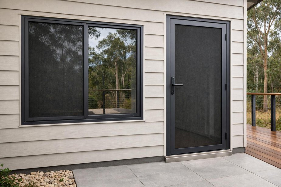 Bushfire-suitable screened window and external door with sealed frame and protected threshold.