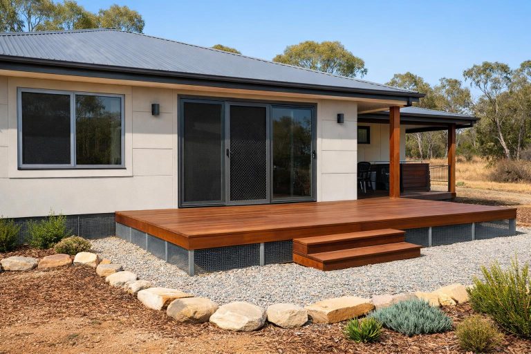 Australian home with screened windows, protected doors and a timber deck in a bushfire-prepared setting.