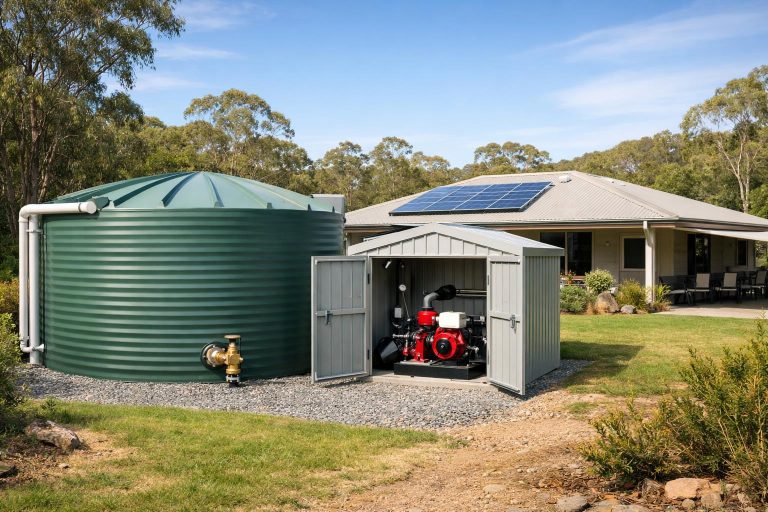 Residential property with a dedicated bushfire water tank, pump equipment and roof rainwater collection setup