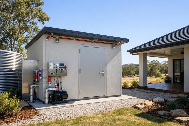 A protected pump plant room beside a house with visible pipework and enclosure details