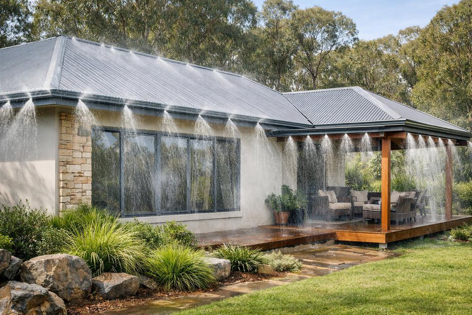 House exterior with targeted sprinkler spray around roof edges and verandah