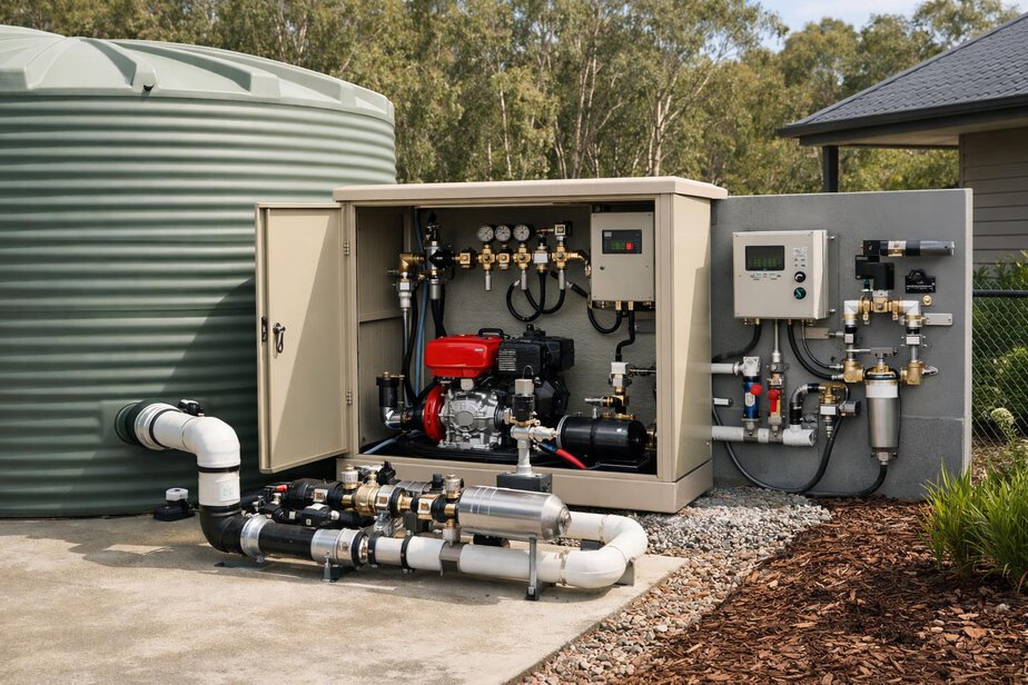 Bushfire water tank, pump and monitoring equipment beside a home