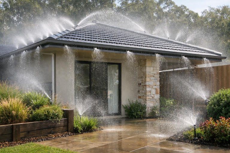 Suburban home with multiple sprinkler zones protecting roofline, walls and garden