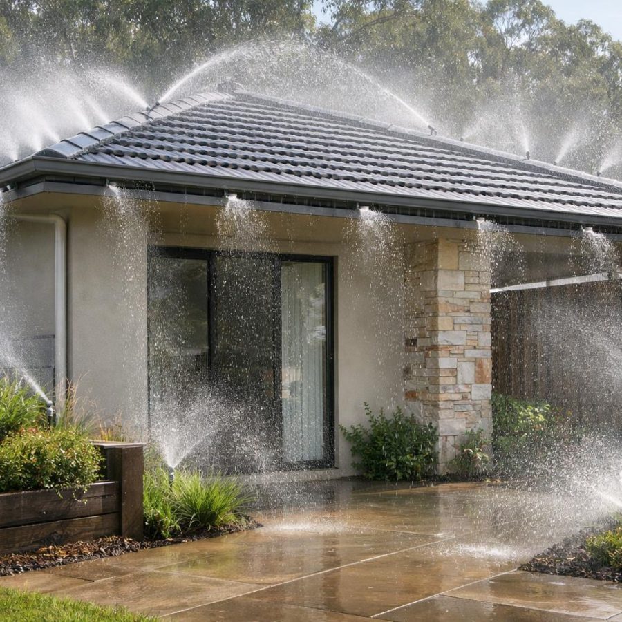 Suburban home with multiple sprinkler zones protecting roofline, walls and garden