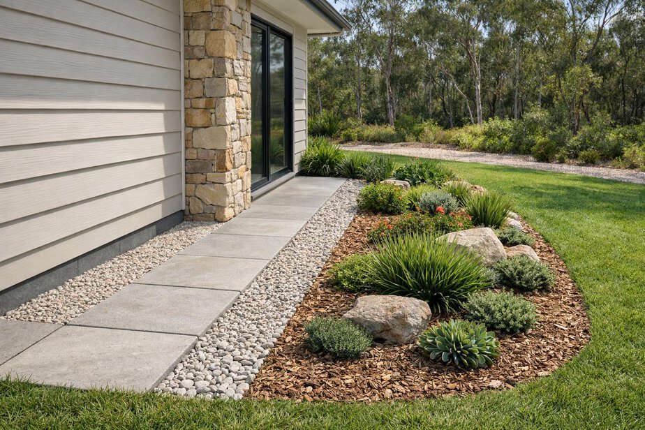 House wall beside a neat low-combustible garden bed and gravel edge