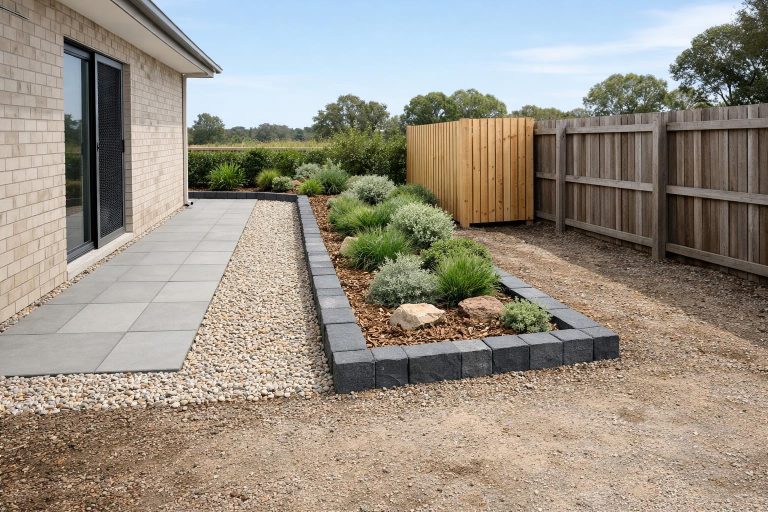 Prepared ground area beside a house with gravel, pavers and separated fence line