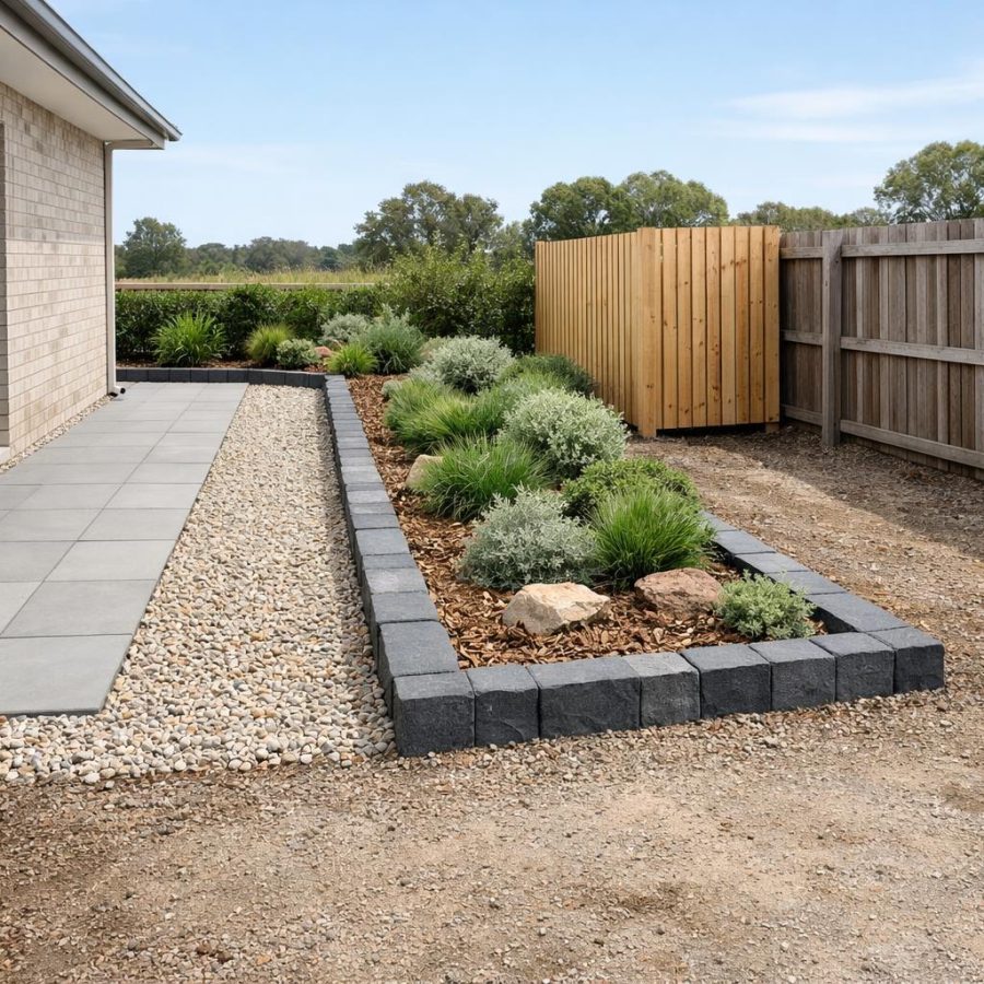 Prepared ground area beside a house with gravel, pavers and separated fence line
