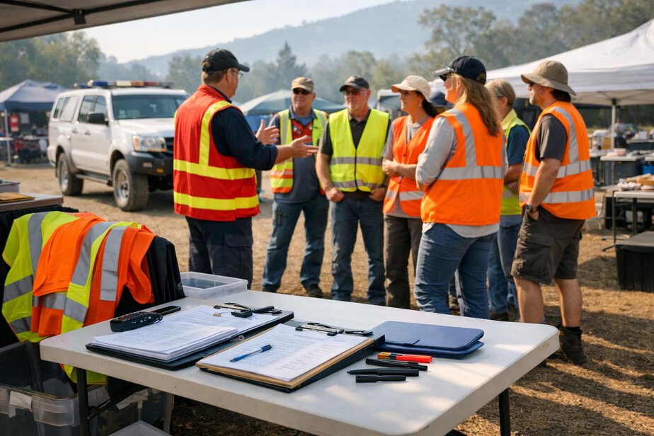 A volunteer briefing and sign-in table at an emergency support location