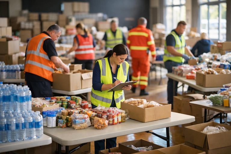 Volunteers and emergency managers organising supplies at a community relief centre