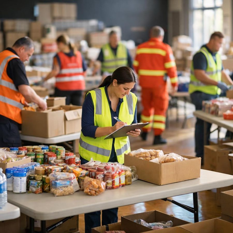 Volunteers and emergency managers organising supplies at a community relief centre