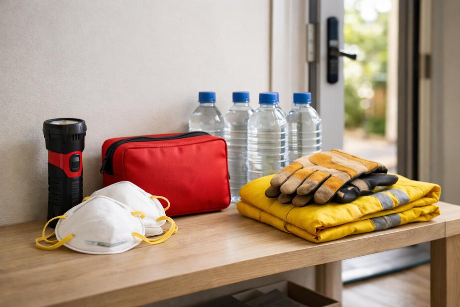 Home emergency kit with torch, masks, first-aid kit and water near an exit