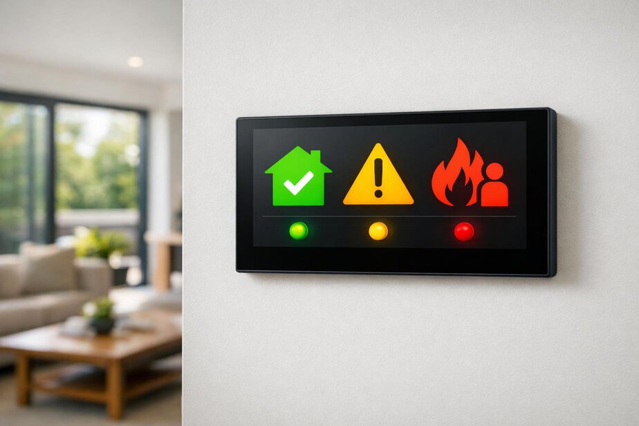Household safety status display with green amber and red indicators