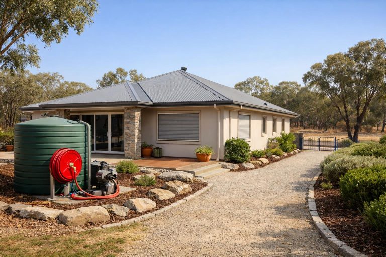 Prepared Australian home exterior with bushfire safety features and clear exit path
