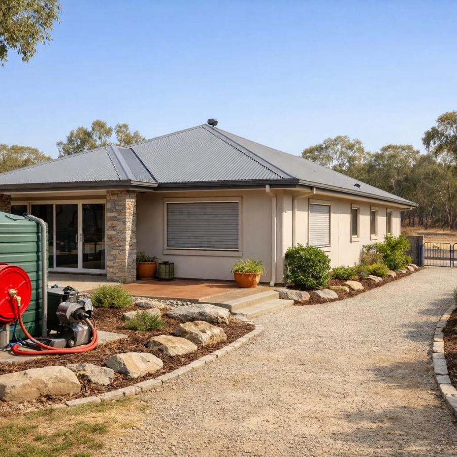 Prepared Australian home exterior with bushfire safety features and clear exit path