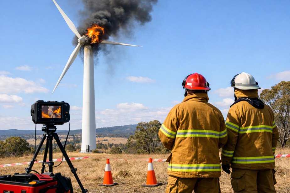 Firefighters monitoring a wind turbine from the ground with thermal imaging equipment