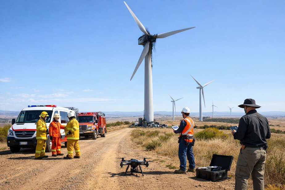 Emergency responders and a site technician preparing a drone inspection at a wind farm