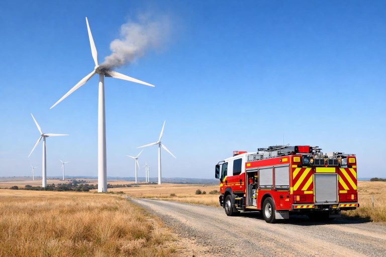 Fire truck near wind turbines in open grassland with light smoke in the distance