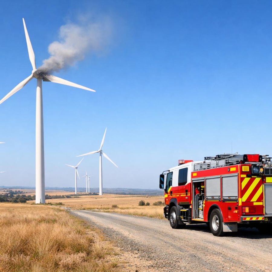 Fire truck near wind turbines in open grassland with light smoke in the distance