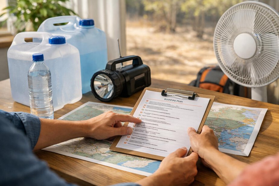 Preparedness items on a table with a map, water containers and torch