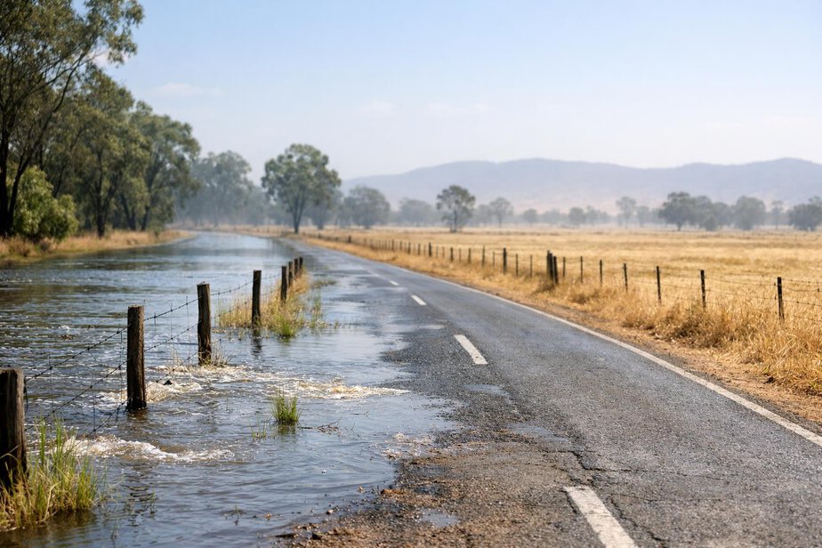 Flooded roadside beside dry paddocks with heat haze in the distance