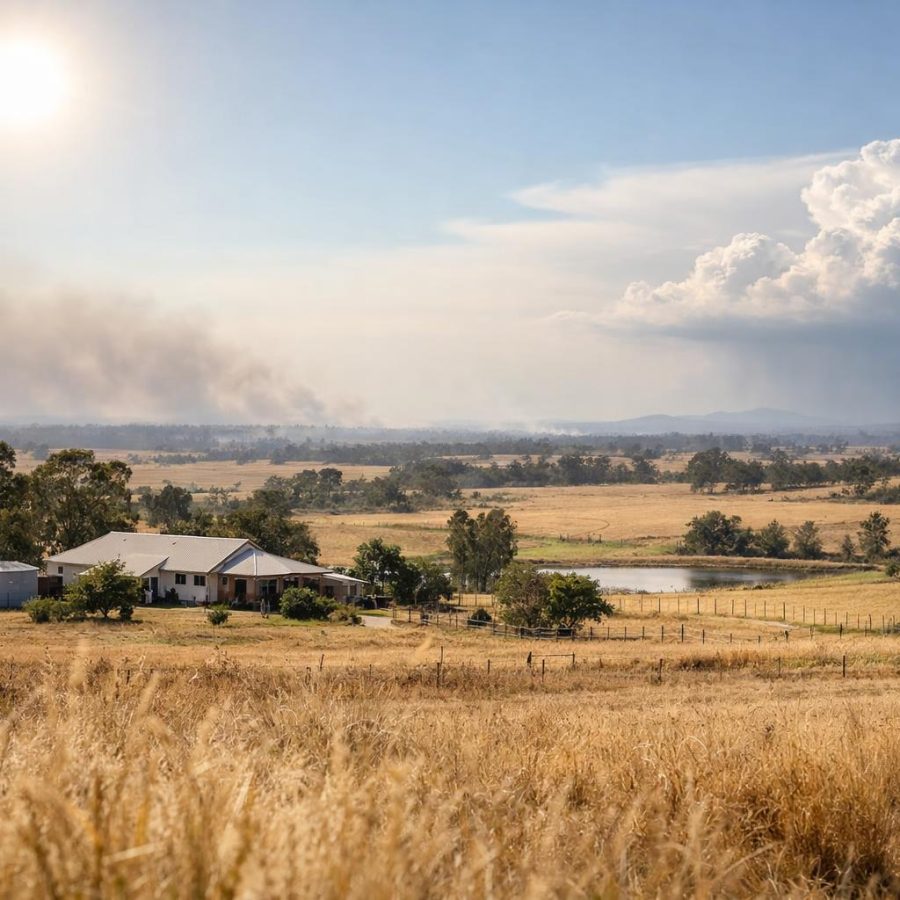 Dry Australian paddock with distant haze and storm clouds under a hot sky