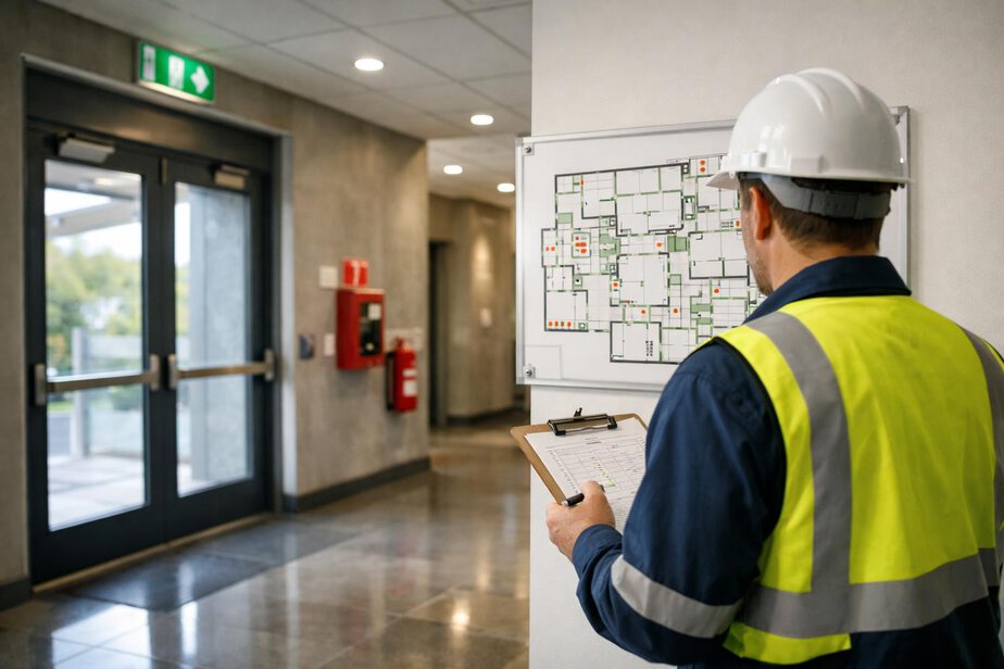 Safety manager inspecting evacuation signage and floor plan in a building corridor