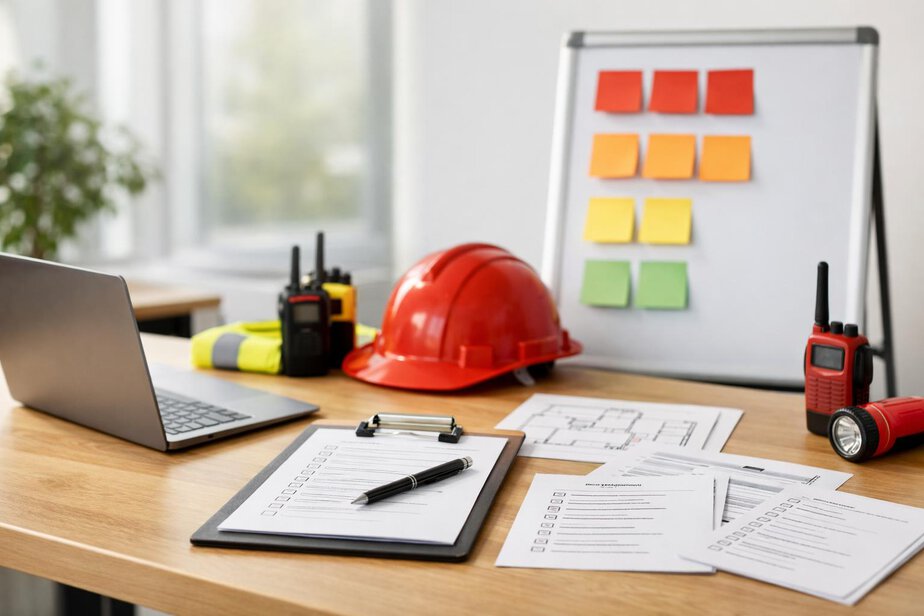 Emergency planning documents and priority notes arranged on a table