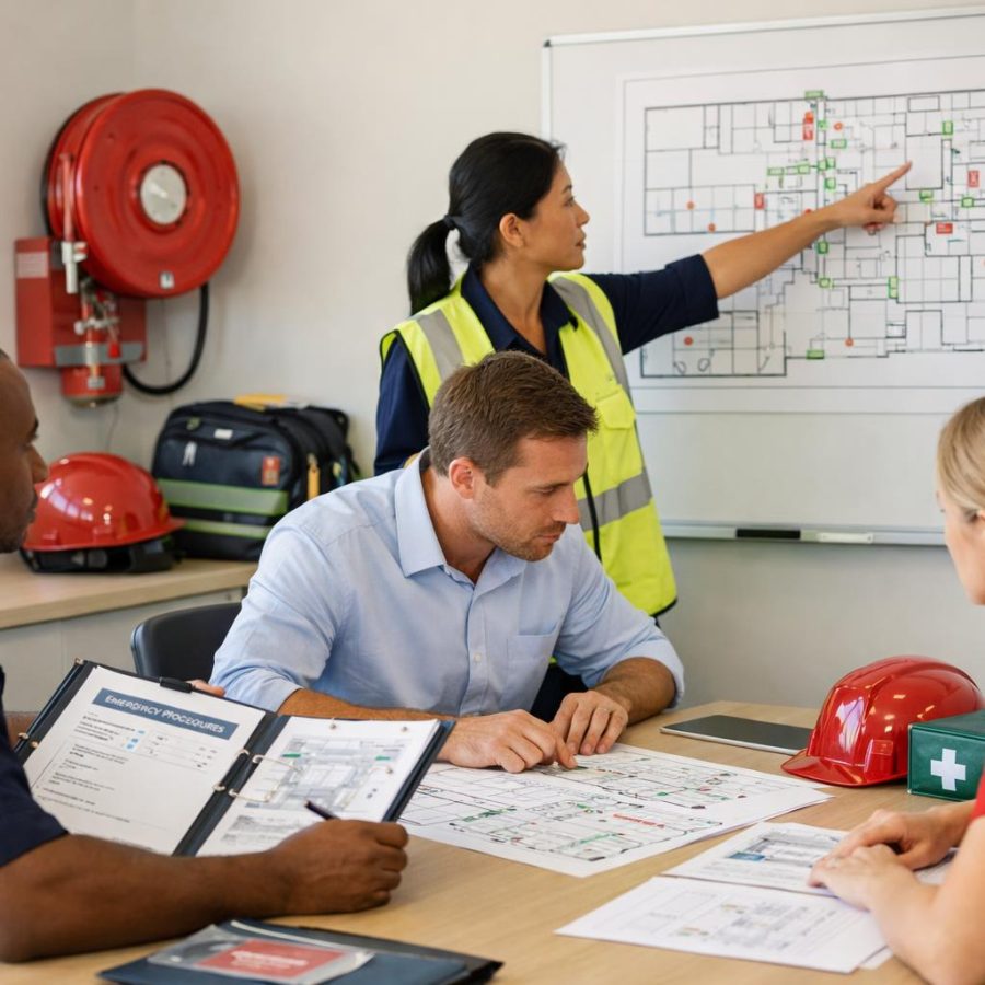 Team reviewing emergency response plans and evacuation diagrams in a meeting room