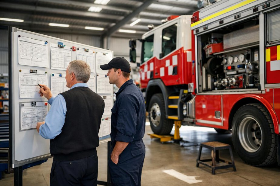 A mechanic and fleet manager reviewing a fire truck in a workshop