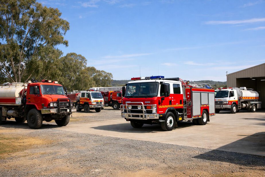 Different fire appliances staged at a regional station yard