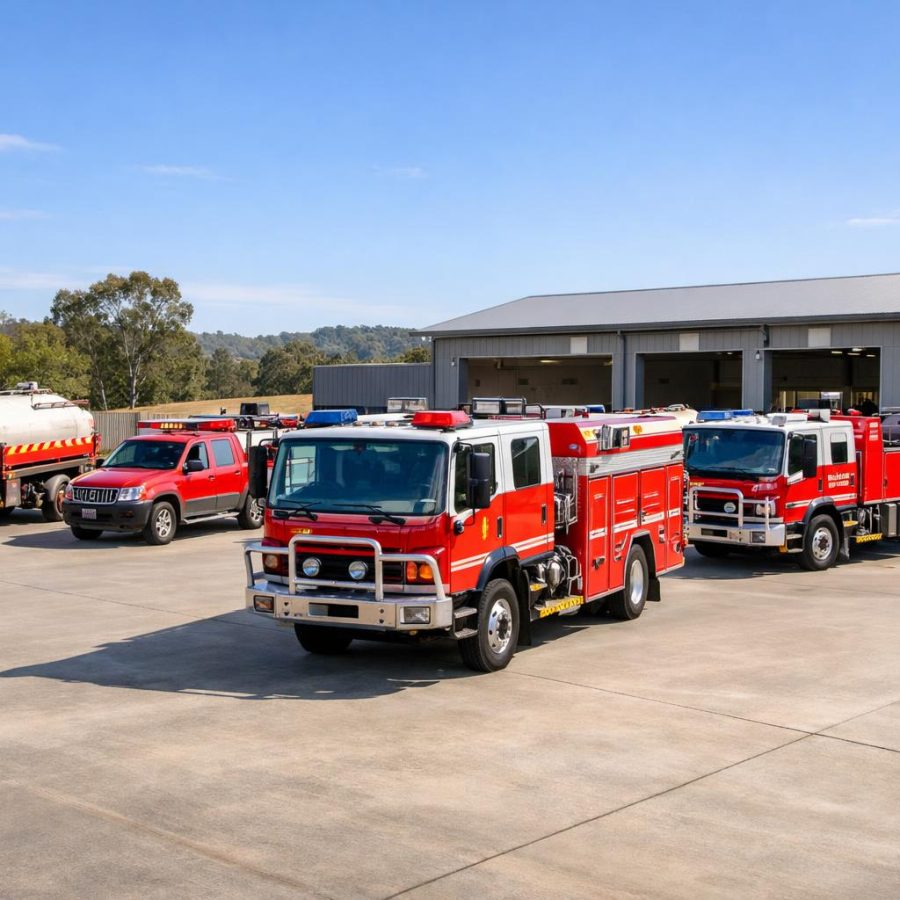A mixed fleet of fire trucks and specialist appliances parked in a depot yard