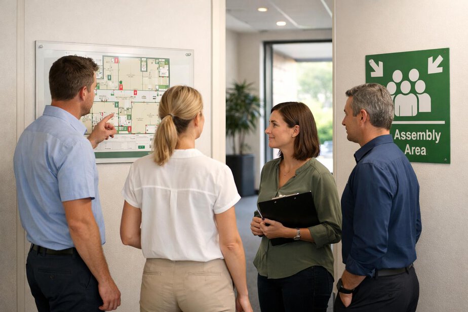 Staff near an evacuation map and emergency assembly area in a workplace corridor.
