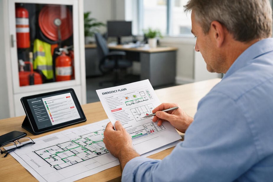Facility manager reviewing a printed emergency plan beside a floor plan.