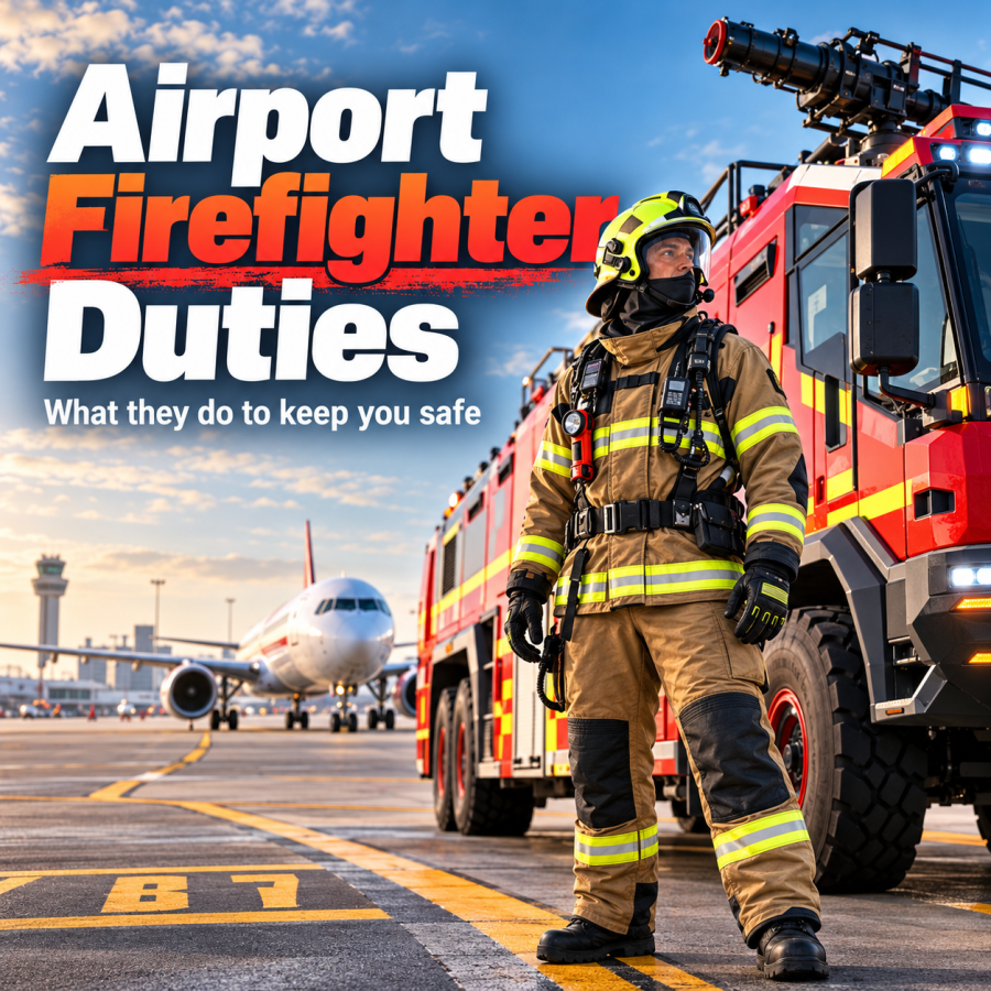 Australian aviation rescue firefighter beside an airport fire appliance near a passenger aircraft