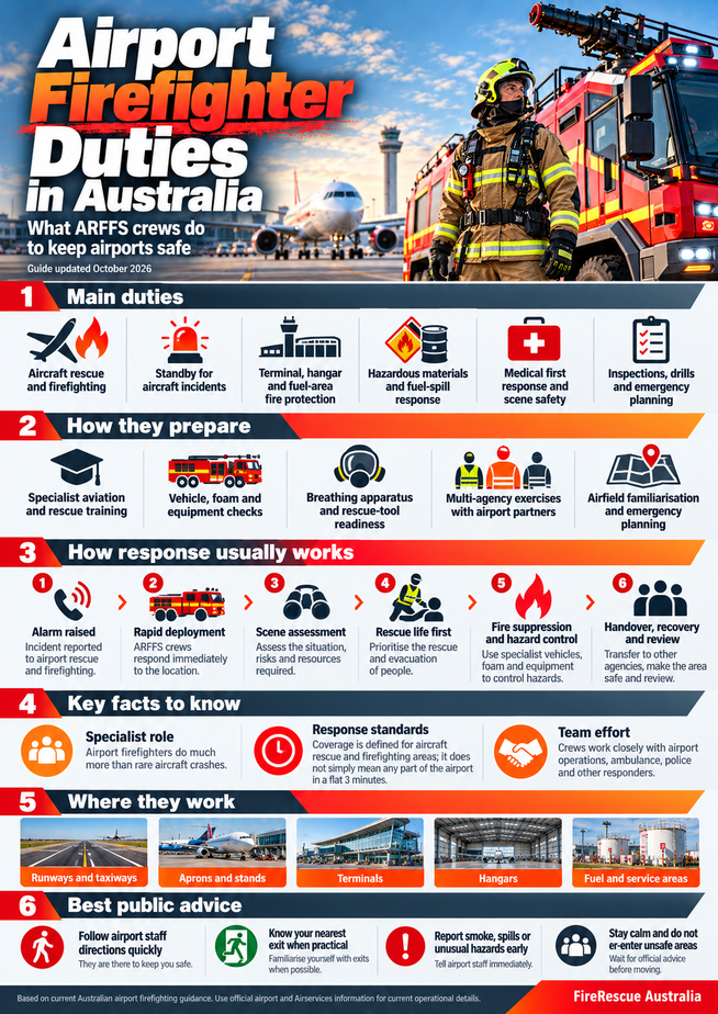 Australian airport firefighter duties guide showing ARFFS response, readiness, training and aircraft rescue roles