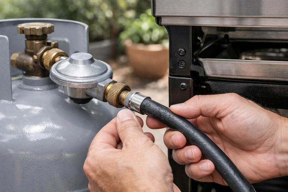 Close-up of a barbecue hose, regulator and connection being inspected outdoors.