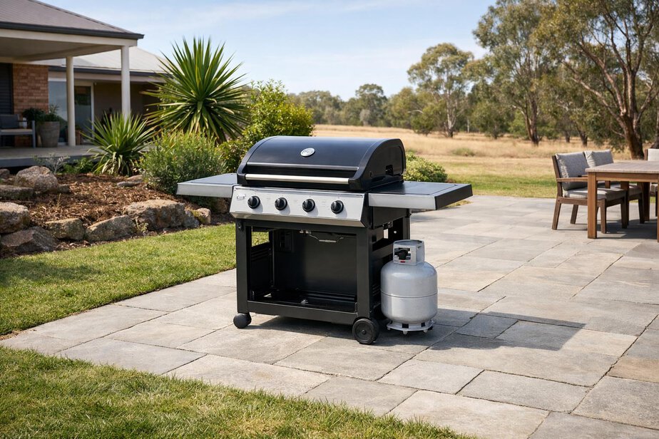 Gas barbecue positioned safely outdoors with clear ventilation and space away from combustible materials.